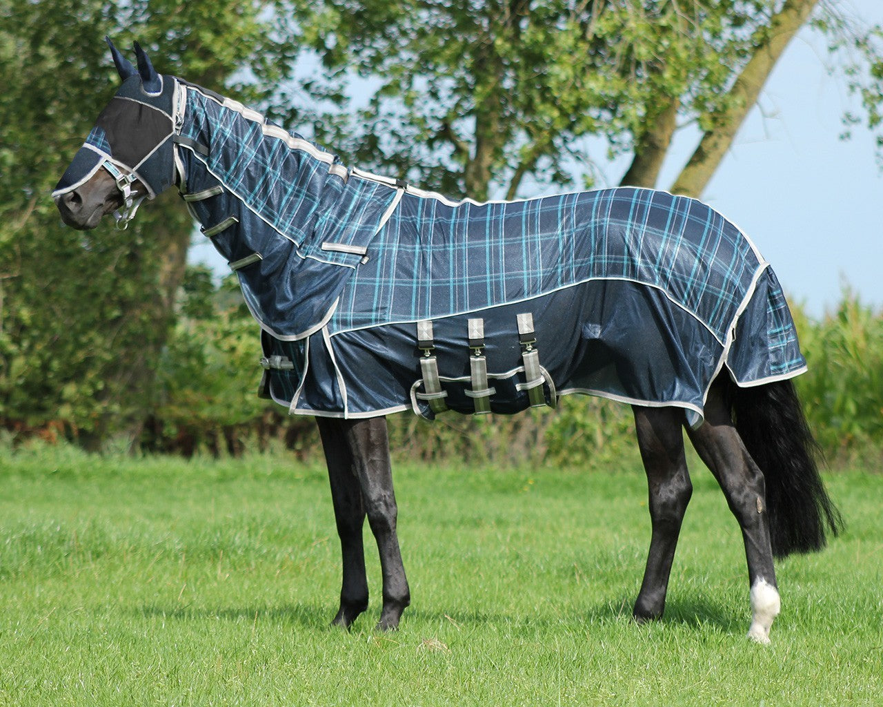 vliegendeken met nekt en hoed blauw/groen qhp paardendeken