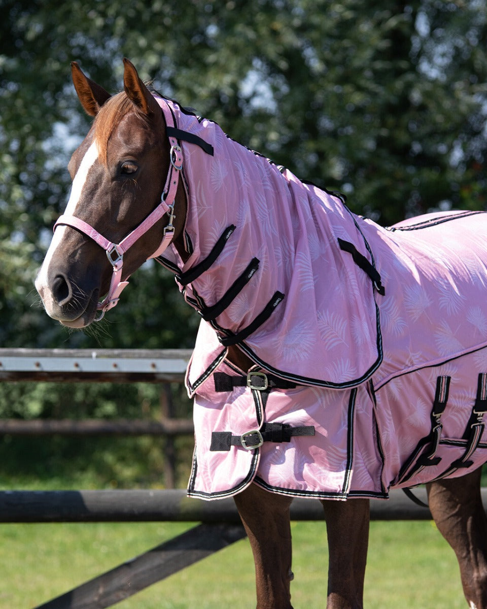 Vliegendeken met losse hals, buikflap, incl. vernieuwd masker met neus flap kleur Blossom