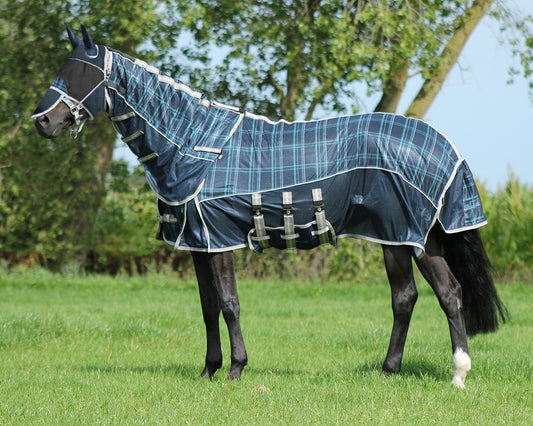 vliegendeken met nekt en hoed blauw/groen qhp paardendeken