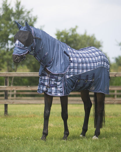 Couverture anti-mouches avec encolure et capuche à carreaux pour cheval QHP