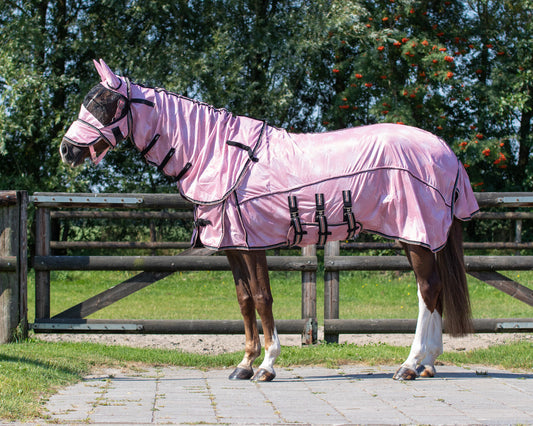 Vliegendeken met losse hals, buikflap, incl. vernieuwd masker met neus flap kleur Blossom