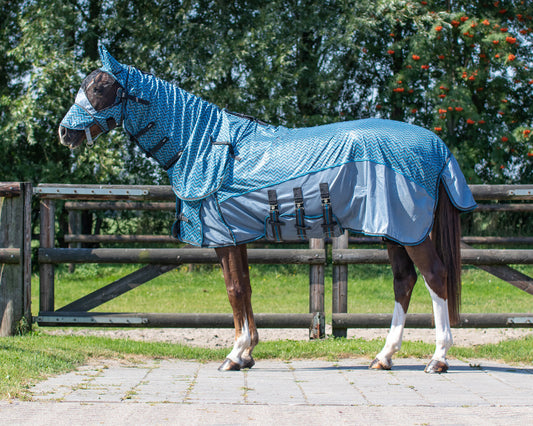 Fleandekken mei in ôfneembere nekke, búkflap, en in nij masker mei in noasflap. Sikzagkleur.